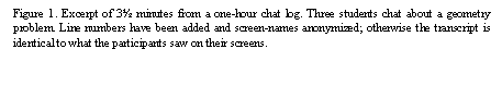 Text Box: Figure 1. Excerpt of 3� minutes from a one-hour chat log. Three students chat about a geometry problem. Line numbers have been added and screen-names anonymized; otherwise the transcript is identical to what the participants saw on their screens.