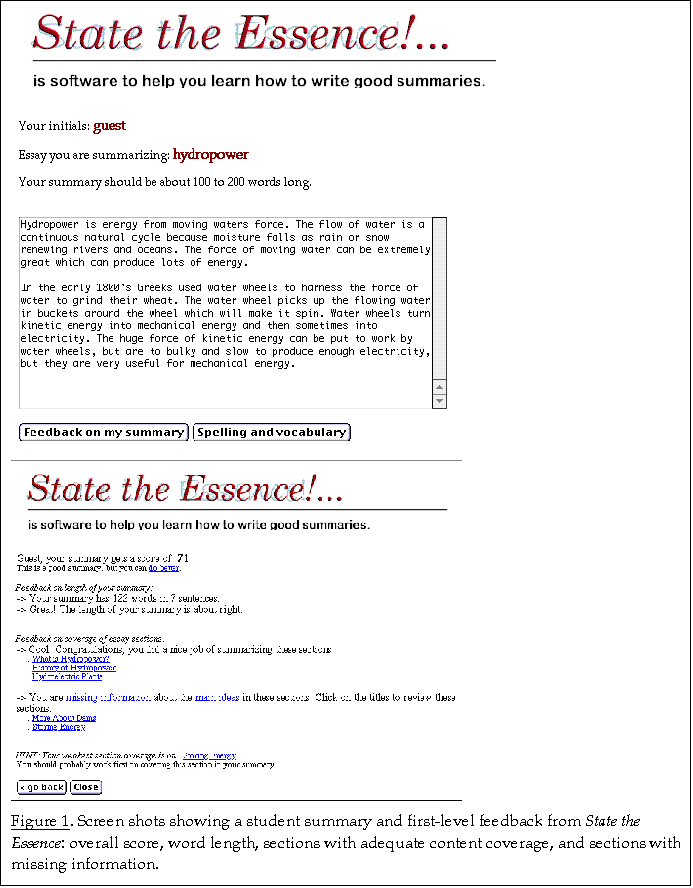 Text Box:  
 
Figure 1. Screen shots showing a student summary and first-level feedback from State the Essence: overall score, word length, sections with adequate content coverage, and sections with missing information.

